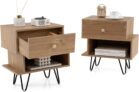 COSTWAY Bedside Tables Set of 2, Wooden Nightstand End Sofa Side Table with Removable Storage Drawer and Open Shelf, Metal Feet Irregular Bedside Cabinet for Living Room Bedroom (Natural)