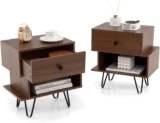 COSTWAY Bedside Tables Set of 2, Wooden Nightstand End Sofa Side Table with Removable Storage Drawer and Open Shelf, Metal Feet Irregular Bedside Cabinet for Living Room Bedroom (Walnut)