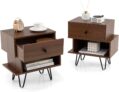 COSTWAY Bedside Tables Set of 2, Wooden Nightstand End Sofa Side Table with Removable Storage Drawer and Open Shelf, Metal Feet Irregular Bedside Cabinet for Living Room Bedroom (Walnut)