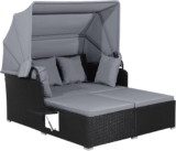 COSTWAY Garden Rattan Daybed, Patio 2 Seater Wicker Sun Bed Lounger with Retractable Canopy, Folding Side Tables and Cushions, Outdoor Double Conversation Furniture for Yard Lawn Poolside (Grey)