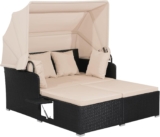 COSTWAY Garden Rattan Daybed, Patio 2 Seater Wicker Sun Bed Lounger with Retractable Canopy, Folding Side Tables and Cushions, Outdoor Double Conversation Furniture for Yard Lawn Poolside (Khaki)