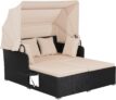 COSTWAY Garden Rattan Daybed, Patio 2 Seater Wicker Sun Bed Lounger with Retractable Canopy, Folding Side Tables and Cushions, Outdoor Double Conversation Furniture for Yard Lawn Poolside (Khaki)
