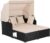 COSTWAY Garden Rattan Daybed, Patio 2 Seater Wicker Sun Bed Lounger with Retractable Canopy, Folding Side Tables and Cushions, Outdoor Double Conversation Furniture for Yard Lawn Poolside (Khaki)