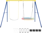 COSTWAY Metal Swing Stand for 2 Swings, A-Frame with Ground Stakes, Carabiners & Foot Caps (YellowNavy)