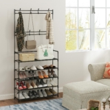 CROWNSHOP Coat Rack Stand with Shoe Rack and Free Standing Hall Tree with Shoes Storage Bench Removable Hall Tree Matte Steel Frame Hat for Storage Height 169 cm (Black)