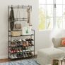 CROWNSHOP Coat Rack Stand with Shoe Rack and Free Standing Hall Tree with Shoes Storage Bench Removable Hall Tree Matte Steel Frame Hat for Storage Height 169 cm (Black)