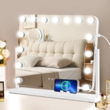 CROWNSHOP Hollywood Vanity Mirror with LED Lights, 58×53 cm, 15 Dimmable Bulbs, 3 Colour Settings, 360 Rotation, 10x Magnification, USB Ports
