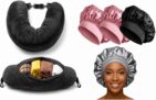 Campoverde Black Pillowcase 3 Pack Pink & Black Sleep Bonnet Set, Travel Pillow Cover for Curly Hair Care