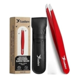 Candure Slanted Tweezers Precision Stainless Steel, Red Leather Pouch