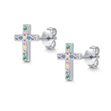 Cangall Silver Stud Earrings for Women, Colorful CZ Cross