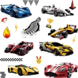 Cartoon Racing Car Wall Stickers (60x30cm), Removable Vinyl Vehicle Large Sports Car Decals for Boys Bedroom, Kids Room, Playroom & Nursery Wall Decor