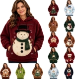 Cat Pouch Hoodie for Women Dog Printed Xmas Flannel Sweatshirt with Pocket