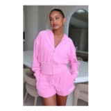 Causing Commotion Terry Cropped Cinched Zip Front Hoodie Pink