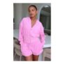 Causing Commotion Terry Cropped Cinched Zip Front Hoodie Pink