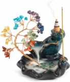 Ceramic Lake Waterfall Incense Burner Crystal Tree Backflow Incense Burner 7 Chakra Crystal Tree Scented Sticks Holders Ceramic Mountain Lake Base with Koi Fish Home Decor Gifts