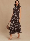 Chocolate Brown Floral Printed High Neck Tiered Occasion Maxi Dress