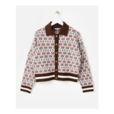 Chocolate Brown House Print Collared Knitted Cardigan