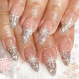 Christmas Almond French Tip False Nails, 24PCS Glitter Pink Oval Shaped Press on Nails with White Snowflakes Design, Reusable Fake Nails Almond, Cute Acrylic Press-On Nail for Nail Art Accessories