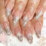 Christmas Almond French Tip False Nails, 24PCS Glitter Pink Oval Shaped Press on Nails with White Snowflakes Design, Reusable Fake Nails Almond, Cute Acrylic Press-On Nail for Nail Art Accessories