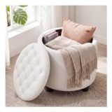 Ckaff 48cm round Storage Ottoman Padded, Removable Lid, Ivory White