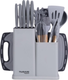 Cooking Utensils Set with Chopping Board Knife Set with Block Heat Resistant Silicone Utensils with Wooden Handle, Spoons, Ladles & Spatula Kitchen Tools & Accessories 17pcs, Grey by Nuovva