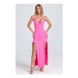 Coraline Ruched Ruffle-Trim Maxi Dress in Lollipop Pink