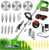 Cordless Strimmer 21V Electric Grass Trimmer with 2×2.0Ah Battery Fast Charger Garden Trimmer with Metal Blades Lightweight Adjustable Handle Brush Cutter for Lawn Garden(Green)