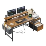 Corner Computer Desk with Drawers, Printer Storage, Charging Port, Brown