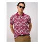 Cotton Hibiscus Print Polo Shirt in Red