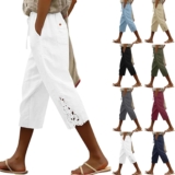 Cotton Linen Trousers for Women-Capri Pants Ladies Petite Linen Trousers Comfy Summer 3/4 Length Trouser Stretchy Drawstring Waist Straight Leg Lounge Capris Bottoms with Pockets for Beach Holiday