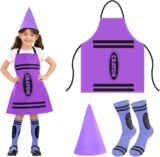 Crayon Costume Kids 3Pcs,Girls Boys Halloween Costume With Crayon Apron,Funny Cone Hat And Striped Socks,Colorful Crayon Fancy Dress For World Book Day,Halloween Party Group Cosplay Outfits