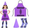 Crayon Costume Kids 3Pcs,Girls Boys Halloween Costume With Crayon Apron,Funny Cone Hat And Striped Socks,Colorful Crayon Fancy Dress For World Book Day,Halloween Party Group Cosplay Outfits