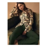 Cream/Green Geometric Print Lyocell Blend Collared V-Neck Shirt