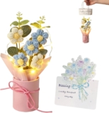 Crochet Daisy Flowers Bouquet with Light & Flower Greeting Card & Bag Handmade Knitted Flowers for Birthday Anniversary Wedding Home Decor Teachers Day Mother Valentine Grandma Gift (Blue&White)