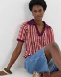 Crochet Stripe Knitted Short Sleeve Polo Top in Pink Multicoloured, sizes 8/10 – 32/34