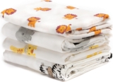 CuddleBug Swaddles for Newborns – 100% Muslin Cotton Baby Swaddle Blanket, Soft & Breathable, Large 4×4 Feet Muslin Cotton 4 Pack (Safari Friends), Baby Essentials for New Mom