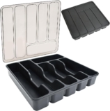 Cutlery Tray with Lid, Cutlery Drawer Organiser Insert Cutlerys Storage Box Organizer Utensil Flatware Silverware Holder Divider for Kitchen Drawer and Countertop Spoons Forks, 6 Compartment