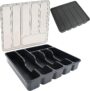 Cutlery Tray with Lid, Cutlery Drawer Organiser Insert Cutlerys Storage Box Organizer Utensil Flatware Silverware Holder Divider for Kitchen Drawer and Countertop Spoons Forks, 6 Compartment