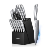 D.Perlla 15-Piece Stainless Steel Knife Set with Block and Sharpener