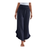 DEAL STACK – Yolimok Cropped Linen Wide-Leg Trousers, Elasticated High-Waisted Navy