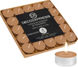 DECO EXPRESS Tealight Candles Multipack of 200, 100, 50, 25 or 24, Burning Time 4, 8 or 10 Hours – Tea Lights Candles (Clementine Spice 25/4 Hour)