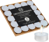 DECO EXPRESS Tealight Candles Multipack of 200, 100, 50, 25 or 24, Burning Time 4, 8 or 10 Hours – Tea Lights Candles (Let It Snow 25/4 Hour)
