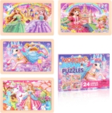 DERAYEE 4 Wooden Jigsaw Puzzles Set, 24 Pieces Princess Themed Gift Box Jigsaw Puzzle Educational Toys for Kids Girls Age 3 Years Up