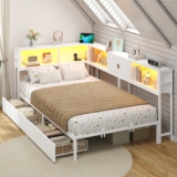 DICTAC 3ft Single Bed 90×190 with 2 Storage Drawers, Single Storage bed with LED Lights & Charging Station, Day Bed with Storage, White LED Corner Bed Space-Saving Single Bed Frame, Modern
