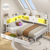 DICTAC 4ft6 Double Bed 135×190 with 2 Storage Drawers, Double Storage bed with LED Lights & Charging Station, Day Bed with Storage, White LED Corner Bed Space-Saving Double Bed with Shelf, Modern