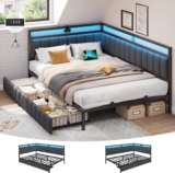 DICTAC Double Bed Frame with 2 Storage Drawers,Charging Station and Led Lights 4ft6 Double Daybed with Storage 135×190 Corner Platform Bed with Upholstered Guardrail,Space-Saving Double Sofa Bed,Grey