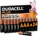 DURACELL Plus AAA Batteries (24 Pack) Alkaline Batteries 1.5V Up to 100% Extra Life with POWER BOOST Actives Reliability For Everyday Devices 0% Plastic Packaging 10-Year Storage-MN2400