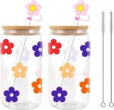 DYUEE 2 Sets 480ml Can Shaped Glass Cups Set, Drinking Glasses with Wood Lids and Straws, Iced Coffee Cup with Straw Cap&Straw Brush, Cup Set Gift for Sister Friend Birthday Anniversary Valentine