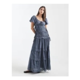 Daisy Street Broderie Shirred Maxi Dress with Puff Sleeves in Blue Grey