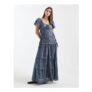 Daisy Street Broderie Shirred Maxi Dress with Puff Sleeves in Blue Grey
